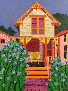 a painting of a yellow chair on the steps to a pink house with blue flowers