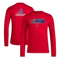 Represent your beloved FC Dallas with the men's adidas red FC Dallas Local Pop AEROREADY long sleeve T-shirt. Crafted from recycled polyester, this breathable tee features AEROREADY technology to keep you dry and comfortable during intense matches. Its crew neck and droptail hem provide a classic fit, while the bold FC Dallas logo proudly displays your unwavering support for the team. Whether you're cheering from the stands or showing your allegiance off the field, this long sleeve is the perfec Adidas Long Sleeve Sports T-shirt, Red Long Sleeve Sports T-shirt, Long Sleeve Sports Top With Three Stripes, Adidas Red Top With Three Stripes, Red Adidas Tops With Three Stripes Branding, Red Long Sleeve Fan Apparel T-shirt, Red Long Sleeve T-shirt Fan Apparel, Red Long Sleeve T-shirt For Fans, Red Long Sleeve T-shirt For Sports Events