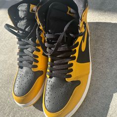 Wore Once . Like New Urban Jordan Leather Shoes With Round Toe, Urban Leather Jordan Shoes With Round Toe, Urban Style Leather Jordan Shoes With Round Toe, Yellow Custom Synthetic Sneakers With Laces, Yellow Leather Custom Sneakers With Perforated Toe Box, Yellow Leather Skate Shoes With Laces, Yellow High-top Custom Sneakers With Perforated Toe Box, Jordan 1 Colors, Jordans For Men