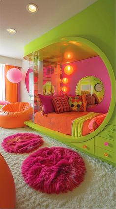 a bedroom decorated in bright colors with pink and green accents on the walls, bedding, and rugs