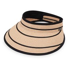 a black and beige hat with stripes on it