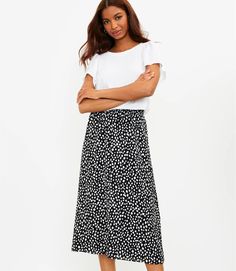 Petite Dotted Smocked Midi Skirt | LOFT Petite Midi Skirt, Printed Skirt Outfit, White Tee Jeans, Polka Dot Midi Skirt, White Midi Skirt, Pencil Skirt Outfits, Bohemian Chic Fashion, Go With The Flow, Petite Skirt