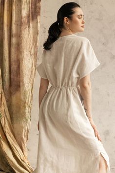 Linen Wrap Dress / Women's Linen Dress / Plus Size Linen - Etsy Linen Tie Waist Dress For Daywear, Linen Dress With Tie Waist And Surplice Neckline, Beach Linen Dress With Surplice Neckline, Linen Dress With Tie Waist, Beige Linen Dress With Tie Waist, Summer Linen Midi Dress With Surplice Neckline, Spring Linen Dress With Surplice Neckline, Cream Linen Midi Dress Knee-length, Cream Linen Short Sleeve Dress