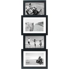 three black and white photos hanging on a wall with four different frames in it's center