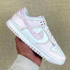 Nike Dunk Low Pink Paisley Women 9.5 Available. Brand New In Box 100% Authentic. Fast Shipping All Sales Final Designer White Nike Custom Sneakers, Nike Cortez Vintage, Nike Cortez Women, Pink High Tops, Rose Gold Sneakers, Nike Air Max Thea, White Sneakers Women, Girly Shoes, Pink Sneakers