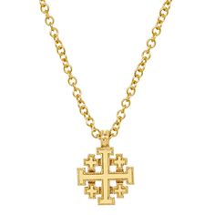 Gold Jerusalem Cross Pendant Necklace 18 Yellow Gold Brass Necklace With Cross Pendant, Spiritual Yellow Gold Crucifix Necklace, Rosary Boxes, Gold-tone Cross Pendant Jewelry Gift, Yellow Gold Diamond-cut Crucifix Necklace, Yellow Gold Crucifix Cross Necklace, Gold Plated, Faith Jewelry, Porcelain Roses, Small Crosses