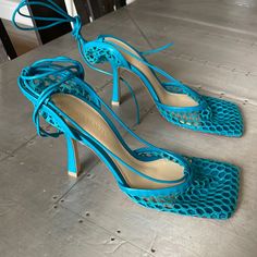 Brand New With Box And Dustbag Guaranteed Authentic Size 38 Blue Square Toe Evening Sandals, Luxury Lace-up Summer Heels, Designer Blue Heels For Spring, Fitted Blue Leather Sandals, Blue Heels With Square Toe, Blue Fitted Heels With Square Toe, Luxury Blue Heels For Spring, Luxury Blue Summer Heels, Blue Square Toe Heels