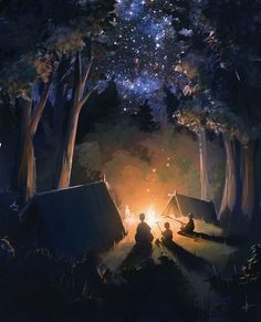 two people sitting at a campfire with the words good night above them