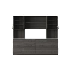 an entertainment center with drawers and shelves on the side, in dark grey wood finish