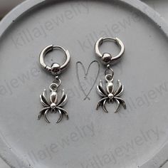 Goth style spider Huggie hoop earrings in silver!🕷️ Stainless steel Huggie hoop earrings with spider charms. Hoops are made of stainless steel so are hypoallergenic and will not tarnish or discolour. Spider charms measure: 18x12mm Hoops measure: 16mm Please don't hesitate to contact me with any queries or suggestions! Comes gift wrapped 🎁 Goth Jewellery, Earrings Goth, Men's Earrings, Earrings Punk, Dagger Earrings, Goth Earrings, Spider Earrings, Punk Earrings, Goth Style