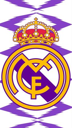 the real madrid crest is shown in purple and yellow with a crown on it's head