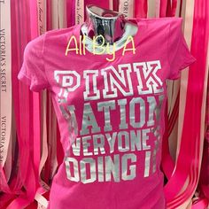 Victoria's Secret Pink T-Shirt “Pink Nation Everyone’s Doing It” 60% Cotton, 40% Polyester New With Tags Sporty Pink T-shirt With Logo Print, Spring Pink T-shirt With Logo Print, Sporty Pink T-shirt With Text Print, Sporty Pink T-shirt With Slogan, Pink Graphic Tee With Logo Print, Pink T-shirt With Logo Print For Spring, Vs Pink Outfit, Vs Pink Nation, Strawberry Soda