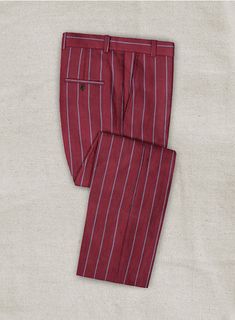 A summer closet essential! Our Caccioppoli Moncal Linen Pants are crafted from finer linen resulting in softer pants. It's made from linen and is cut for a comfortable fit. Striped pants are the sina qua non of patterned clothing for men. Indeed, our red pants are certainly a stylish option for when you want to broadcast your love of stripes and fashion! 
 
 Look Includes  Caccioppoli Moncal Linen Fabric  Cross Pocket  Flat Front  Two Welted Back Pockets on Trousers   You can change the look dur Linen Dress Pants Trousers For Summer, Formal Linen Summer Bottoms, Formal Linen Bottoms For Summer, Fitted Linen Dress Pants For Summer, Red Linen Bottoms For Spring, Elegant Red Cotton Bottoms, Summer Linen Tapered Leg Dress Pants, Summer Formal Linen Dress Pants, Tailored Linen Pants With Welt Pockets