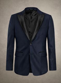 A tapestry of quiet magnificence intertwined with sumptuous detail, our Italian Luminara Tuxedo Blazer stands as a paragon of luxury. Meticulously constructed from pure polyester, this jacket showcases a luminous texture that mirrors the serene depths of the ocean. Its classic blue hue is tailored into a sleek, streamlined silhouette that whispers timeless charm while ensuring comfort at every turn. Ideal for high-profile galas or sophisticated evenings out, embrace this bespoke creation that effortlessly extends the limits of seamless style.  An elusive unique piece from our Red Carpet Collection.   Look features a 2 button tuxedo jacket with black cherry satin wide peak lapel, matching satin covered buttons, single vent and three cuff buttons.   Click 'Customize Now' to modify the look i Luxury Blazer With Hidden Button Closure, Luxury Semi-formal Outerwear With Shawl Collar, Luxury Silk Blazer With Lapel Collar, Luxury Silk Outerwear With Notch Lapel, Luxury Suits For Evening, Luxury Silk Suits With Lapel Collar, Luxury Silk Outerwear With Lapel Collar, Luxury Silk Formal Outerwear, Luxury Evening Blazer With Shawl Collar