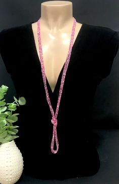 "Pink long boho beaded necklace, ombre pink multi strand necklace, beaded bohemian style necklace, women necklace. The knot is adjustable, simple to undo and redo at the height you would like! Or you can wear the necklace double up without any knot! It is a very versatile necklace that can be adapted to your taste.   ❤ PROCESSING AND SHIPPING Most orders are made and shipped out in one business day. Please check delivery timeframes for your location on the description below.  ❤ CUSTOM ORDERS If you like this item in a different color, send me a message indicating: color, size and quantity needed. I will send you a link for a \"custom order\" and you'll be able to place the order there.  If you like this item with some variations such as thickness or style, please also send me a message and Adjustable Long Pink Necklace, Bohemian Pink Multi-strand Beads, Adjustable Pink Bohemian Lariat Necklace, Pink Bohemian Adjustable Lariat Necklace, Long Pink Beaded Necklace With Faceted Beads, Adjustable Bohemian Pink Lariat Necklace, Bohemian Pink Crystal Necklaces With Faceted Beads, Pink Beaded Necklace With 108 Beads For Beach, Pink Bohemian Multi-strand Necklaces