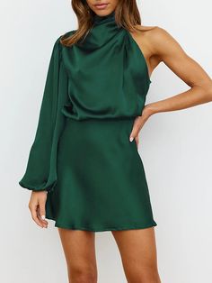 High Waisted Long Sleeves Asymmetric Elasticity Solid Color High Neck Mini Dresses DEEP GREEN-L Womens Bridesmaid Dresses, High Neck Mini Dress, Gaun Fashion, 파티 드레스, Off Shoulder Dresses, Satin Long Sleeve, Green Lake, Evening Dress Fashion, Mini Robes