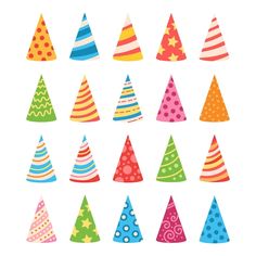 many different colored party hats are arranged in rows on a white background with polka dots and stars