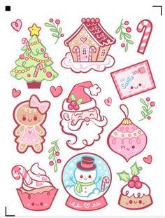 christmas stickers are arranged on a white background with pink and green decorations, including a gingerbread house