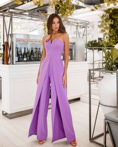 Jumpsuit Outfit Purple, Outfit Graduacion, Wedding Guest Jumpsuit, Corseted Top, Fancy Jumpsuit, Formal Romper, Jumpsuit For Wedding Guest, Purple Jumpsuit, Bandeau Jumpsuit