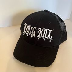 Very Y2k Dolls Kill Trucker Hat. New And Never Worn. Edgy Adjustable Snapback Hat, Black Cotton Trucker Hat For Summer, Black Punk Style Cap, Edgy Black Snapback Hat, Black Cotton Trucker Hat With Visor, Black Snapback Baseball Cap Punk Style, Punk Style Black Snapback Baseball Cap, Black Punk Style Snapback Baseball Cap, Black Cotton Snapback Hat With Short Brim