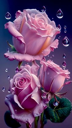 three pink roses with water droplets on them