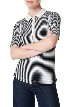 Smart stripes plus a contrast collar and placket bring sporty vibes to this modern polo cut from a form-fitting ribbed knit. Button half placket Spread collar Short sleeves 90% rayon, 10% elastane Machine wash, tumble dry Imported Contrast Collar, White Stripe, Ribbed Knit, Short Sleeves, Stripes, Nordstrom, Black White, Bring It On, Black And White