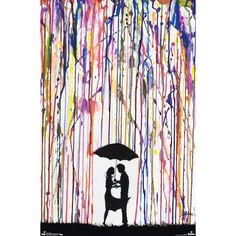 a couple kissing under an umbrella in the rain with multicolored splats