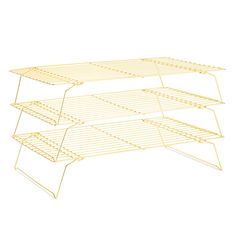 three tiered shelf with two shelves on each side, one is yellow and the other has