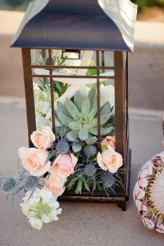 a small lantern with succulents and roses on the ground next to it