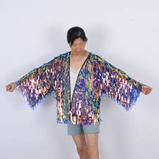 Sequin Kimonoblack Kimononavy Yellow Sequinburning - Etsy Sequin Duster, Festival Kimono, Sequin Kimono, Bohemian Kimono, Rave Clothing, Black Kimono, Burning Man Festival, Rave Outfits, Burning Man