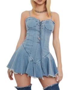 Style: Sexy Fit: Slim Fabric: Denim Pattern: Solid Element: Lace up Neckline: Spaghetti Strap Sleeve Type: Others Sleeve Length: Sleeveless Product Type: A Line Dress,Cami Dress Occasion: Daily Dress/Skirt Length: Short Main Composition: Cotton Season: Summer Denim Corset Dress, Denim Bustier, Marine Uniform, Denim Corset, Streetwear Mode, Black Dolls, Denim Patterns, Lace Slip Dress, Mesh Overlay