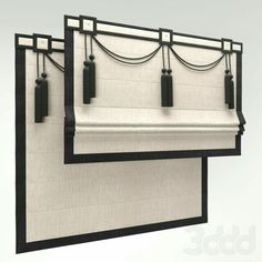 two black and white curtains hanging from the side of a window with blinders on them