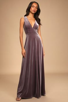 Your enchanted evening begins with the Lulus Beautiful Night Dusty Purple Velvet Sleeveless Maxi Dress! A plunging V-neckline and princess-seamed, sleeveless bodice are formed from luxe stretch velvet fabric. High, banded waist sits above an elegant full maxi skirt. Hidden back zipper/clasp. Fit: This garment fits true to size. Length: Floor length. Size medium measures 63" from shoulder to hem. Bust: Great for any cup size. Waist: Fitted - very fitted at natural waist. Hip: Not Fitted - room for hips. Undergarments: May be worn with any standard bra. Fabric: Fabric is very stretchy. Extra-long hem length allows for alterations. Fully lined. Shell: 95% Polyester, 5% Spandex. Lining: 100% Polyester. Hand Wash Cold Inside Out. Do Not Bleach. Flat Dry. Imported. Lulus | Beautiful Night Dusty Dark Mauve Velvet Bridesmaid Dress, Velvet Dress Purple, Dusty Pink And Purple Wedding, Dusty Purple Prom Dress, Lavender Velvet Dress, Purple Wedding Guest Dress, Jewel Tone Bridesmaid Dresses, Purple Wedding Bridesmaid, Velvet Purple Dress