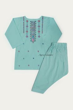 Ready to wear 2 pc suit. Item Details: Top: Aqua Color soft cotton Top with  Embroidery Trouser: Aqua Color Shalwar Feel free to ask about the measurements. We are happy to help you. Thank you.. * As it is handmade, some stones or threads may be pulled off. We really do take great care of our clothes while shipping. Thank you.. **All sales are FINAL.. No returns or exchanges... To see other items in our shop please visit  https://www.etsy.com/shop/AyrasCouture Hand Embroidery Dress Design, Eid Shalwar Kameez, Crochet Baby Girl Dress, Kids Formal, Hand Embroidery Dress, Mother Daughter Dress, Kids Frocks Design