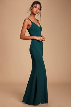 Lulus Green Dress, Stretch V-neck Mermaid Dress For Prom, Green V-neck Maxi Dress With Sweep Train, Fitted Backless Maxi Dress For Bridesmaid, Elastane Maxi Prom Dress, Fitted Maxi Dress With Mermaid Hem For Bridesmaids, Elegant Mermaid Dress With Spaghetti Straps For Evening, Sleeveless Elastane Evening Dress For Prom, Elegant Spaghetti Strap Mermaid Dress