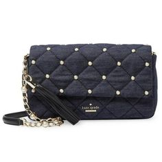 Introducing the Kate Spade New York Women's Emerson Place Denim Pearl Serena Shoulder Bag. Crafted from denim with leather trim, it features a magnetic-flap closure for security. Inside, discover 1 slide and 1 zip pocket for organization, while an exterior rear slip pocket offers easy access to essentials. Finished with fabric lining, it measures 10" W x 6" H x 2.5" D, combining chic denim style with practical functionality. Size: one size.  Color: Blue.  Gender: female.  Age Group: adult. Denim Chic, Denim Style, Blue Gender, Dark Denim, Leather Trim, Kate Spade New York, Cloth Bags, Handbag Accessories, Denim Fashion