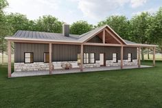 this is an artist's rendering of a small cabin with porches and covered patio