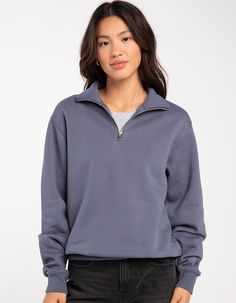 Tilly's Quarter Zip Sweatshirt. A Comfortable And Versatile Wardrobe Staple That Combines Practicality With Style. This Sweatshirt Features A Distinctive Quarter-Zip Neckline, Which Allows For Easy Ventilation And Temperature Control While Adding A Touch Of Modern Flair To The Classic Sweatshirt Design. High Neckline. Cuffed Long Sleeves And Hem. Fleece Lining. 60% Cotton, 40% Polyester. Machine Wash. Imported. Model Is Wearing A Size Small. Model Measurements:height: 5'6" Bust: 32"waist: 26"hip Quarter Zip Sweatshirt Women, Lululemon Quarter Zip, Navy Quarter Zip Outfit, Fall Tops With Zipper Closure And Relaxed Fit, Cotton Tops With Zipper Closure For Fall, Casual Tops With Zipper Closure And Relaxed Fit, Blue Cotton Top With Zipper Closure, Blue Cotton Tops With Zipper Closure, Blue Casual Top With Zipper Closure