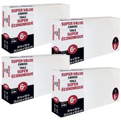 four boxes of super value canvass are shown in three different sizes and colors, each with the number six on it