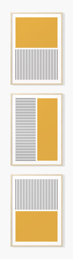 Mustard and black geometric wall art prints with rectangles and lines.