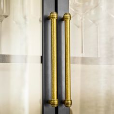 two wine glasses sitting next to each other in front of a metal door with gold handles