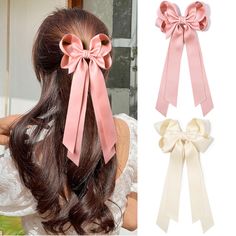 PRICES MAY VARY. SUPER CUTE HAIR BOWS-- 2PCS Beige Pink tassel ribbon bow hair clips with different colors to match any of your outfit. These handmade hair bows for all seasons,you will get many compliments that you wear this hair bows. HIGH QUALITY FABRIC-- The oversize hair bows are made of high quality fine satin silk. Very soft to the touch and will be the best gift for your little. SUITABLE OCCASIONS-- These boutique handmade hair bow clips will make you every day dressing more charming. ha Beige Pink Hair, Pink Hair Ribbon, Hair Bows For Women, Ribbon Accessories, Black Hair Bows, Beige Hair, Coquette Bows, Pink Hair Bows, Hair Headband