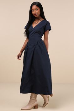 Contemporary style meets effortless ease in the Lulus Modern Concept Navy Short Sleeve V-Neck Midi Dress With Pockets! Slightly stretchy woven fabric shapes a relaxed-fit bodice with short dolman sleeves, bust darts, and a V-neckline. Waist boasts two flattering gathered panels (with hidden side seam pockets) at either side, creating a chic sense of volume as it falls to a midi hem. Hidden zipper/clasp at back. Fit: This garment fits true to size. Length: Mid-calf length. Size medium measures 52 Midi Dress With Pockets, V Neck Midi Dress, Sleeve Midi Dress, Navy Shorts, Midi Dress With Sleeves, Dress With Pockets, Fitted Bodice, Full Skirt, Mid Calf