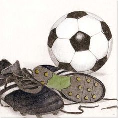 a drawing of a soccer ball next to a pair of black and white shoes with laces