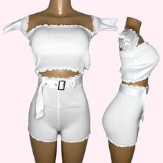 Size S True Size High Waist Short With Belt Off Shoulder Crop Top New With Tags Stretchy And Comfy More Colors Available 65% Cotton 35% Polyester Fitted Two-piece Summer Tops, White Fitted Two-piece Tops Set, Fitted White Two-piece Top Set, Fitted Two-piece Set Tops For Day Out, Fitted Two-piece Top Set For Day Out, Casual Fitted Crop Top Sets, Casual White Two-piece Set Top, White Casual Two-piece Top Set, Casual Two-piece Set Crop Top