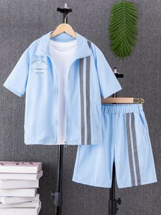 Tween Boy Color Block Striped Short Sleeve Zip-Up Top And Shorts Set, Summer Blue Casual    Letter  Non-Stretch  Tween Boys Clothing, size features are:Bust: ,Length: ,Sleeve Length: Casual Light Blue Sets With Pockets, Casual Blue Sets With Pockets, Blue Summer Set With Pockets, Blue Summer Sets With Pockets, Summer Blue Sets With Pockets, Casual Blue Sets For Spring, Blue Short Sleeve Sets With Pockets, Light Blue Summer Sets With Pockets, Summer Light Blue Sets With Pockets