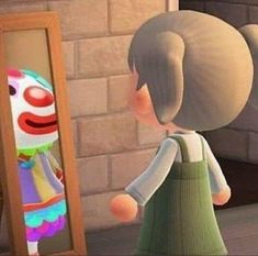 an animated clown looking at himself in the mirror