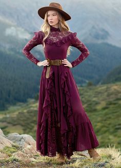 Sveta Maxi Dress in Oxblood Fancy Western Dress, Western Dresses With Boots, Saloon Girl Dress, Vintage Western Dress, Boho Maxi Dresses, Amazon Outfits, Lace Turtleneck, Saloon Girls, Western Dress