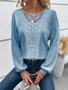 Casual Lantern Sleeve Crew Neck Lace Shirt Non-stretch Long Sleeve Bohemian Top, Non-stretch Bohemian Long Sleeve Top, Bohemian Non-stretch Long Sleeve Tops, Knit Shirts, Plain Blouse, Lace Outfit, Tunic Pattern, Plain Shirts, Clothes Horse