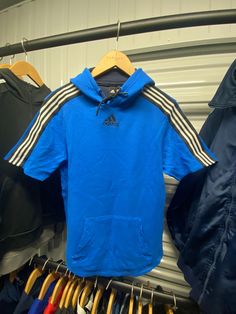 Vintage Adidas Essentials Mens Small Blue Hooded Short Sleeved Sweatshirt | 90's - Vintage Style - Great Condition - Small Size - Hooded 📦Free Delivery (UK) & Same Day Dispatch      Approx 2-5 working days Transit  🌏Worldwide Dispatch (5-14Days) 📩message if any questions :) Blue Hip Hop Tops For Winter, Blue Hooded Hip Hop Top, Hooded Cotton T-shirt For Sports, Blue Hip Hop Hoodie For Sports, Urban Sports Hooded Top, Sporty Hooded T-shirt For Streetwear, Urban Hooded Sports Top, Hip Hop Crew Neck Top With Drawstring Hood, Casual Sports Top With Drawstring Hood